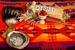 Traditional-blanket,-fan,-medicine-bags,-shell,-sage